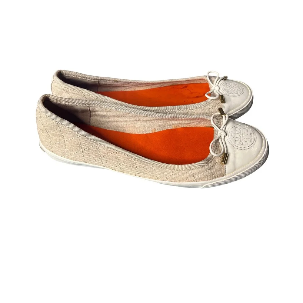 Tory Burch Quinn Quilted Canvas Ballet Flats Cream Beige Logo Toe Bow Shoes